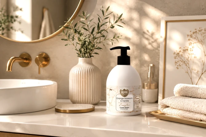 Mydło do rąk Premium 500 ml Kwiat pomarańczy i Wanilia AHW-011-021 Aura Care ustawione w eleganckiej aranżacji łazienki z dekoracyjnymi dodatkami. Kosmetyk doskonale komponuje się z nowoczesnym wystrojem wnętrza.