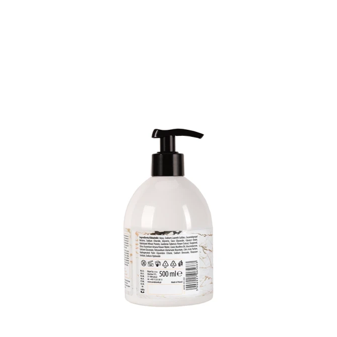 Mydło do rąk Premium 500 ml Kwiat pomarańczy i Wanilia AHW-011-021 Aura Care przedstawione na jasnym tle produktowym. Elegancka butelka z pompką doskonale sprawdzi się w nowoczesnej łazience lub kuchni.