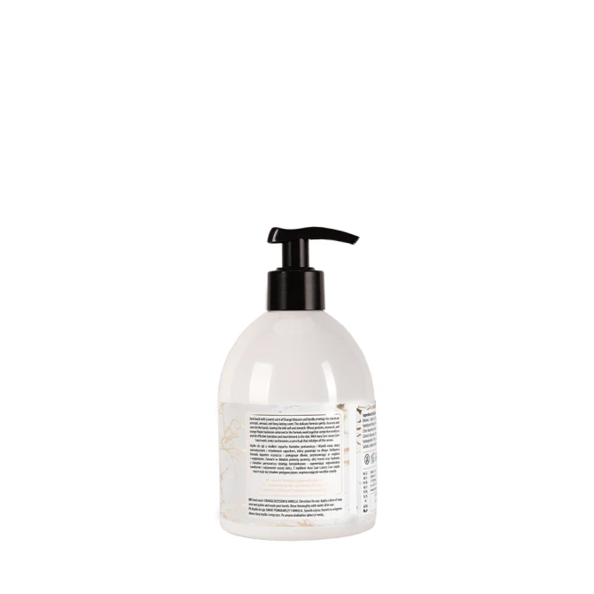 Mydło do rąk Premium 500 ml Kwiat pomarańczy i Wanilia AHW-011-021 Aura Care pokazane w minimalistycznej aranżacji produktowej. Stylowy kosmetyk do codziennej pielęgnacji dłoni podkreśla elegancki charakter wnętrza.