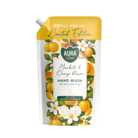 Mydło do rąk Aura Care Mirabelka & Kwiat Pomarańczy refill 900 ml, edycja limitowana, opakowanie zapasowe z ekstraktem z mirabelki i kwiatu pomarańczy.