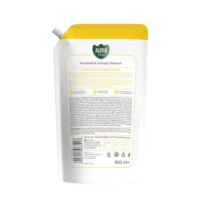 Tył opakowania mydła Aura Care Mirabelka & Kwiat Pomarańczy refill 900 ml zawierający skład, sposób użycia i informacje producenta.