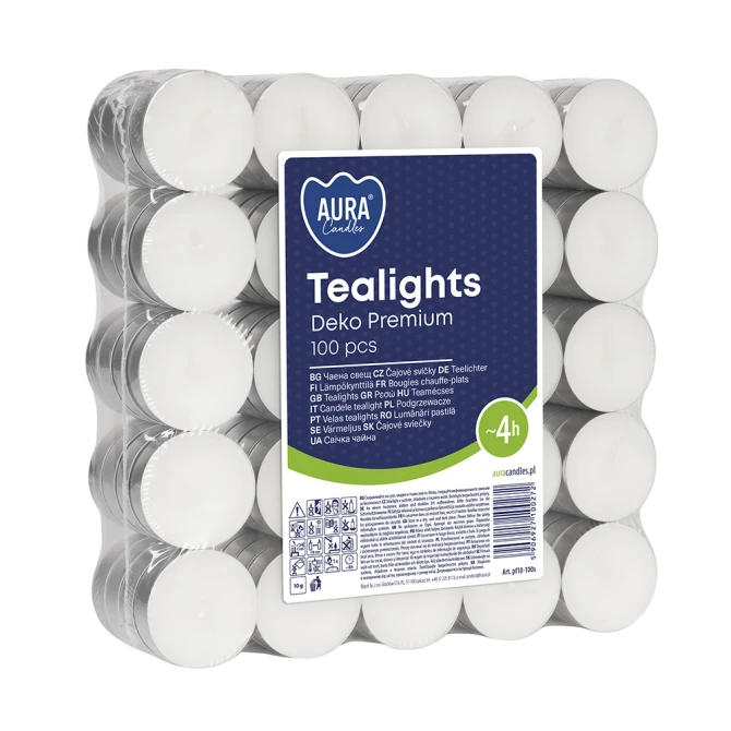 Podgrzewacze tealight 4h 100 sztuk Aura pf10-100s w stosie