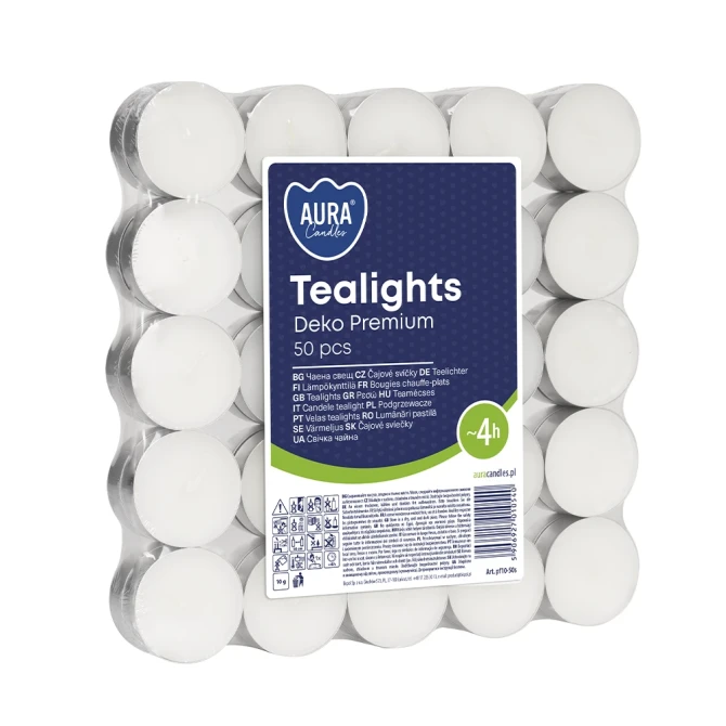 Podgrzewacze tealight 4h 50 sztuk Aura pf10-50s w stosie