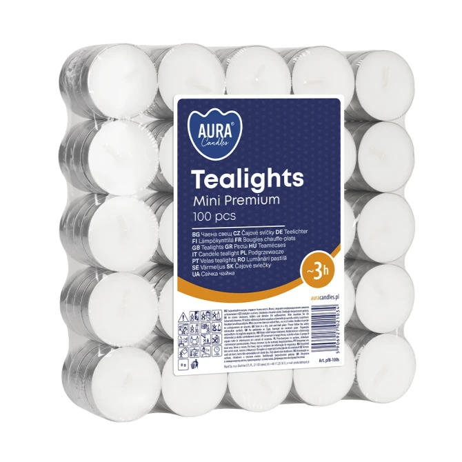 Podgrzewacze tealight 3h 100 sztuk Aura pf8-100s w stosie