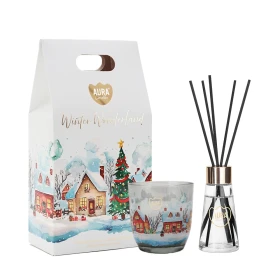 Zestaw prezentowy Aura Winter Wonderland ADC-005-519 z dyfuzorem zapachowym i patyczkami. Elegancki upominek w zimowej, świątecznej stylistyce.