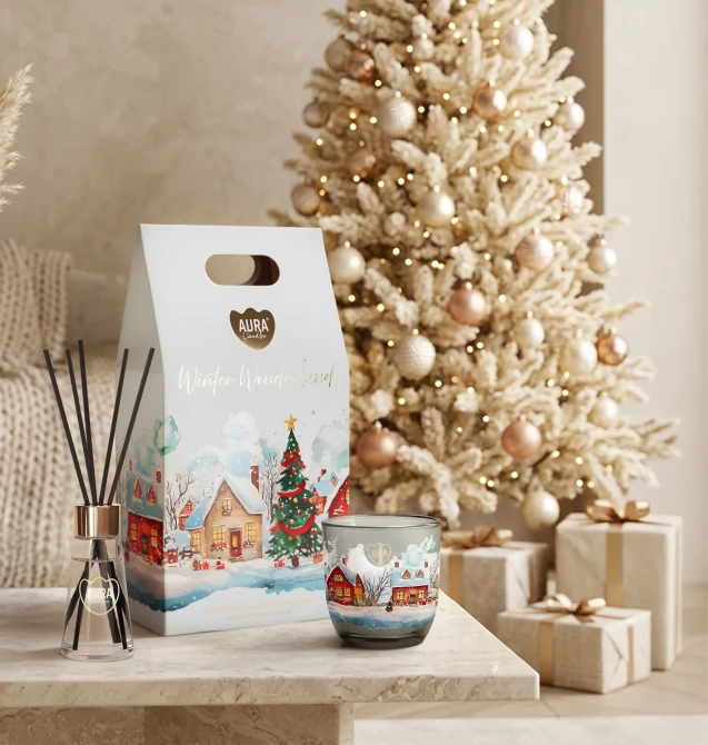 Zestaw prezentowy Aura Winter Wonderland ADC-005-519 w świątecznej aranżacji. Elegancki prezent zapachowy do domu na zimowy sezon.