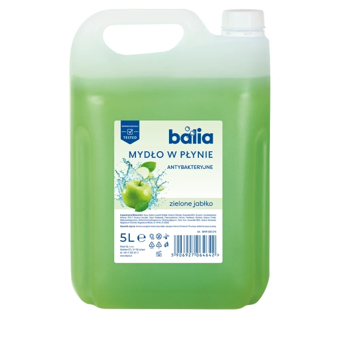 Mydło do rąk uzupełniające 5 L antybakteryjne Zielone jabłko BHW-005-016 Balia w plastikowym kanistrze na białym tle.