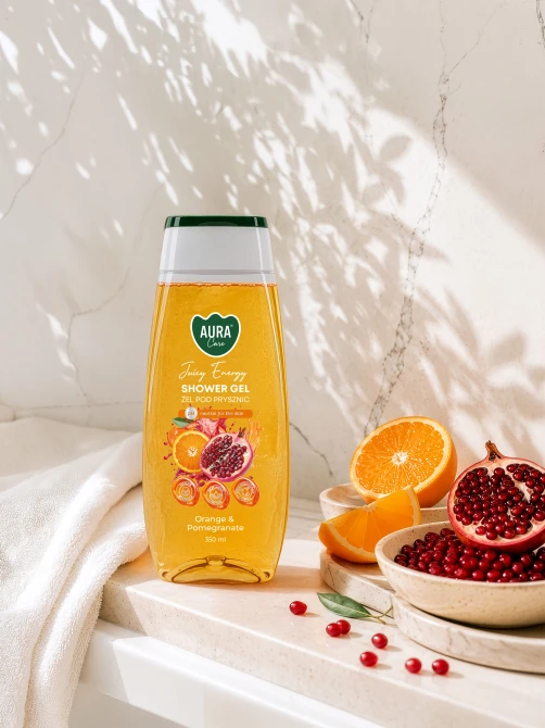Żel pod prysznic 350 ml Pomarańcza i Granat ASG-006-011 Aura Care w aranżacji produktowej.