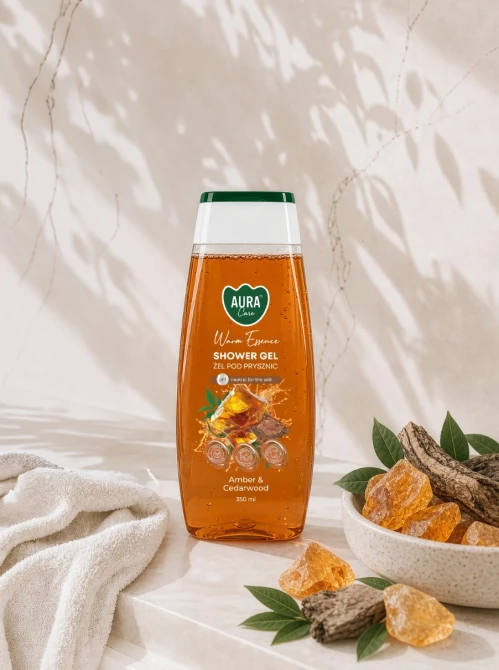 Nawilżający żel do kąpieli i pod prysznic Aura Care Bursztyn Cedr – aranżacja łazienkowa SPA