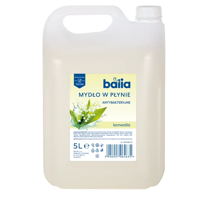 Mydło do rąk uzupełniające 5 L antybakteryjne Konwalia BHW-005-015 Balia w plastikowym kanistrze na białym tle.