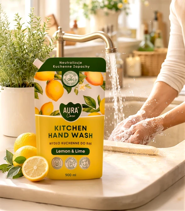 Kuchenne mydło do rąk Cytryna i limonka Aura Care w aranżacji kuchennej
