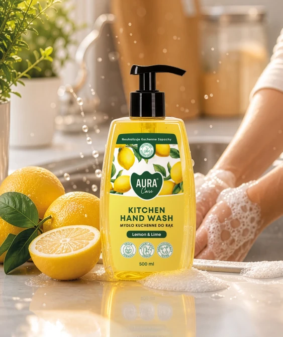 Mydło kuchenne do rąk Aura Care Cytryna i Limonka 500 ml w aranżacji kuchennej z cytrynami