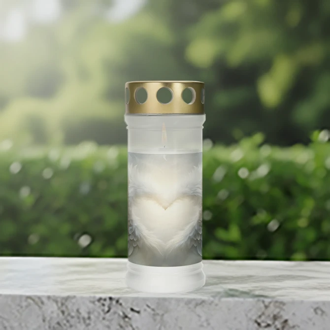 Znicz Requiem 40LLGART-009 z ozdobną grafiką w aranżacji na tle zieleni