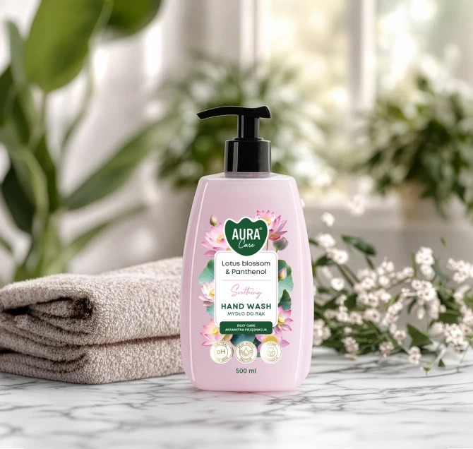 Mydło do rąk 500 ml Kwiat lotosu i Pantenol AHW-004-007 Aura Care w dekoracyjnej aranżacji