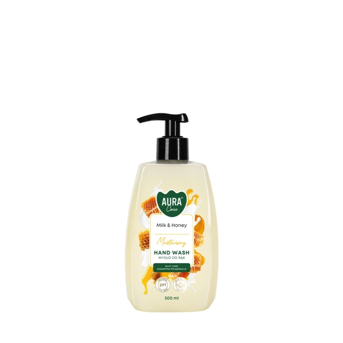 Mydło do rąk 500 ml Mleko i Miód AHW-004-006 Aura Care w eleganckiej aranżacji łazienkowej.