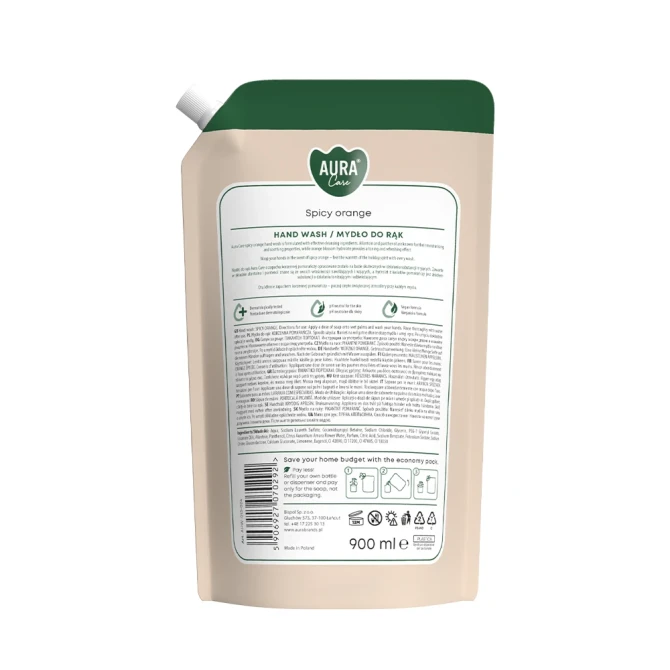 Mydło do rąk Aura Care Korzenna Pomarańcza 900 ml AHW-013-024 – tylna etykieta produktu