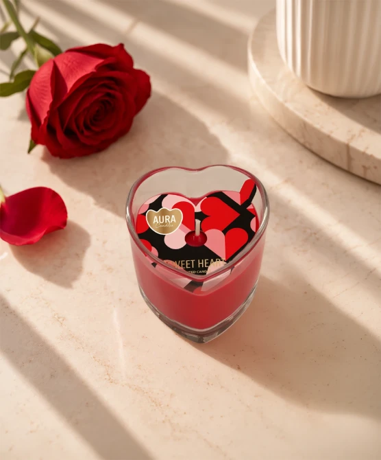 Świeca zapachowa Sweet Heart Aura AC-003-526 w romantycznej aranżacji wnętrza