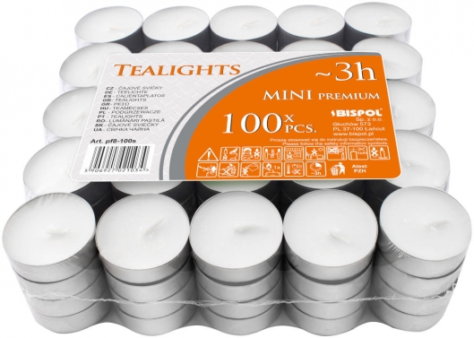 Podgrzewacze tealight 3h 100 sztuk w stosie pf8-100s